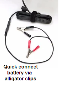 Use the quick connector to connect to a battery via alligator clips. Use the quick connector to connect to a battery via alligator clips.