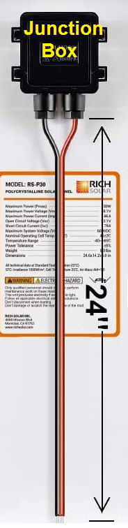 IP65 rated waterproof junction box with built-in diodes and 24-inch cable.
